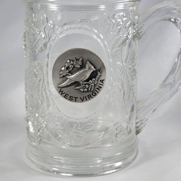 Vintage Glass Beer Souvenir Mug West Virginia Cardinal State Bird Pewter Emblem - Picture 2 of 8